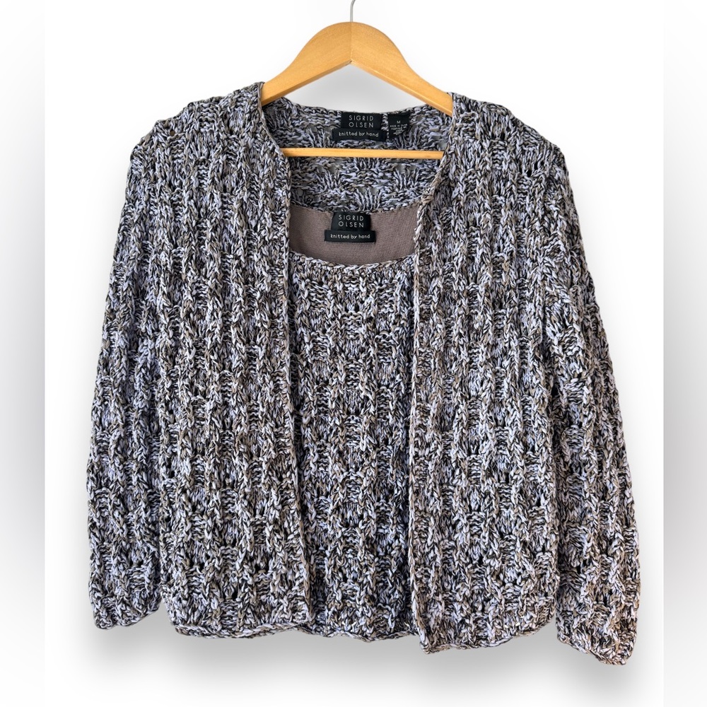 Women Knit Sweater Top Medium M Set Chunky Knit by Hand Cardigan And Tank Top